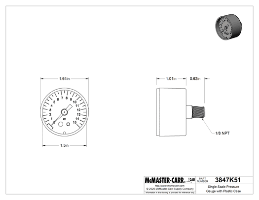 Technical drawing of Single Scale Pressure Gauge with Plastic Case, 1/8 NPT Male Center Back Connection, 1-1/2" Dial.